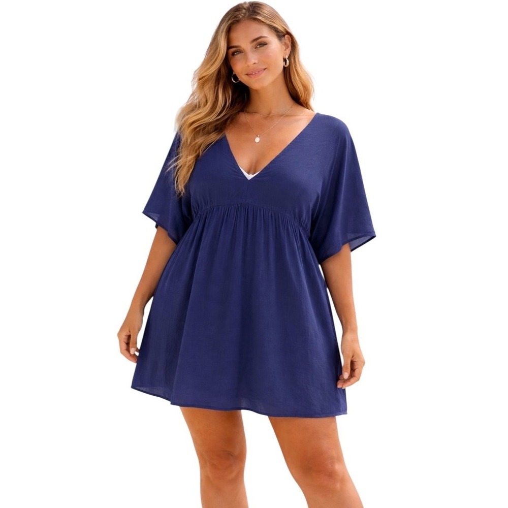 Lauren Ralph Lauren Navy Blue Kaftan Cover Up Dress 2X Kimono Sleeve NEW